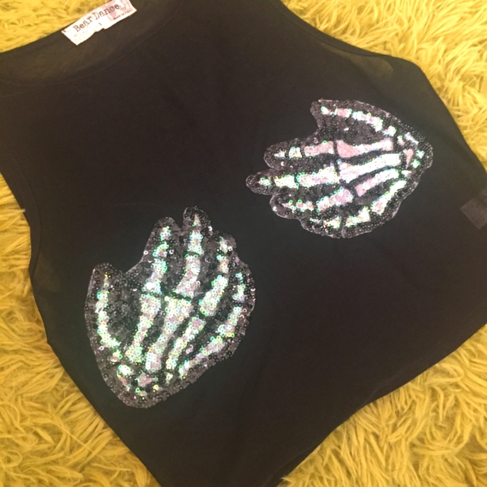Sequin skeleton hands mesh crop